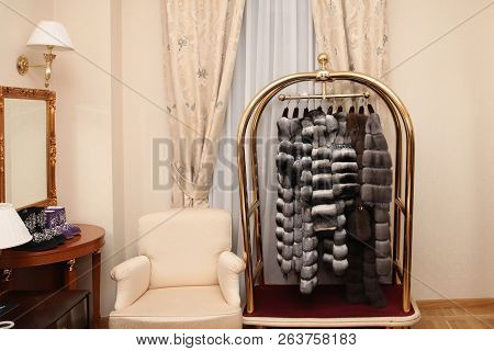 Luxury Coats Of Natural Fur Chinchilla, Sable And Mink In A Chic Boutique