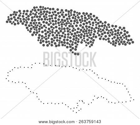 Dot And Contour Map Of Jamaica Created With Dots. Vector Gray Abstraction Of Map Of Jamaica. Connect