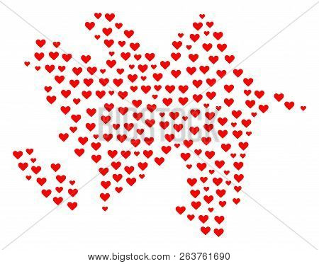 Mosaic Map Of Azerbaijan Designed With Red Love Hearts. Vector Lovely Geographic Abstraction Of Map 