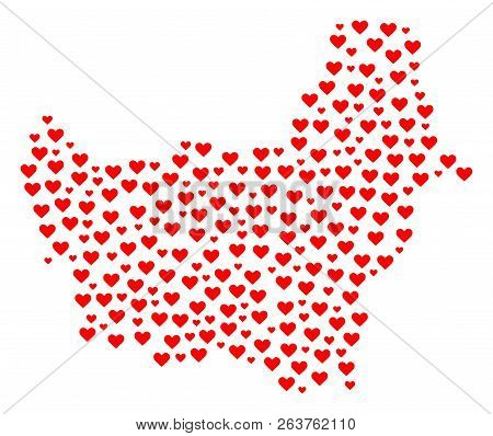 Mosaic Map Of Borneo Island Designed With Red Love Hearts. Vector Lovely Geographic Abstraction Of M