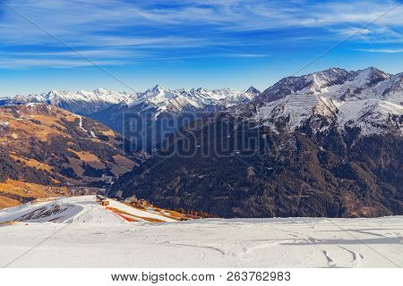 Ski Resort In Mayrhofen, Austria, The Zillertal Valley. Beautiful Mountain Landscape. High Mountains