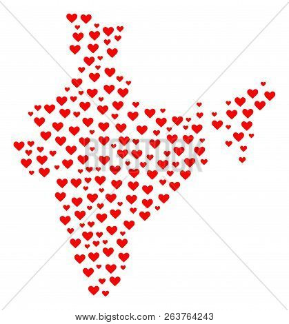 Mosaic Map Of India Created With Red Love Hearts. Vector Lovely Geographic Abstraction Of Map Of Ind