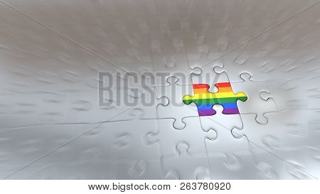 3d Illustration Of Zoom Effect On One Rainbow Puzzle Piece Inside All Other Silver Pieces