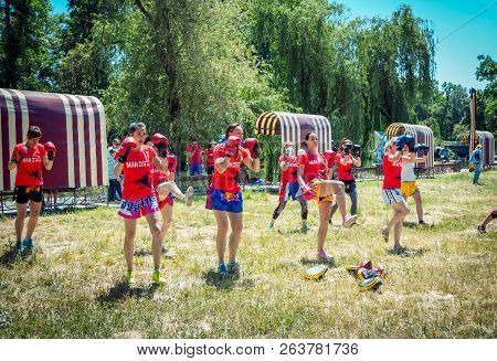 Zaporozhia/ukraine- June 2, 2018:charity Family Festival - Demonstration Training Of Women Kickboxin