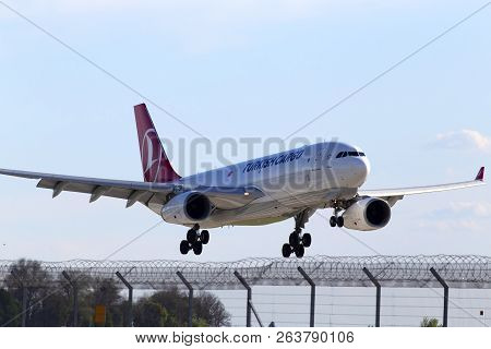 Borispol, Ukraine - May 20, 2017: Tc-jou Turkish Airlines Airbus A330-200f Aircraft On Final Approac