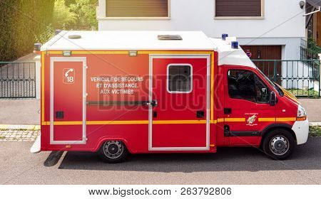 Paris, France - Aug 26, 2017: View From Above Of Red Emergency Service Paramedics Help Van - Parked 