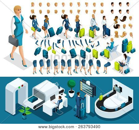 Isometric Set 5 Create Your Character, Business Lady At The Airport. Set Of Gestures Of Hands, Feet,