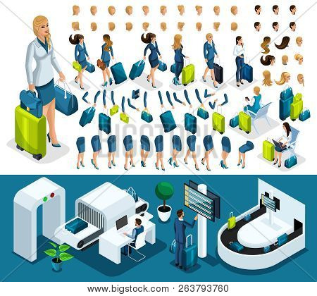 Isometric Set 2 Create Your Character, Business Lady At The Airport. Set Of Gestures Of Hands, Feet,