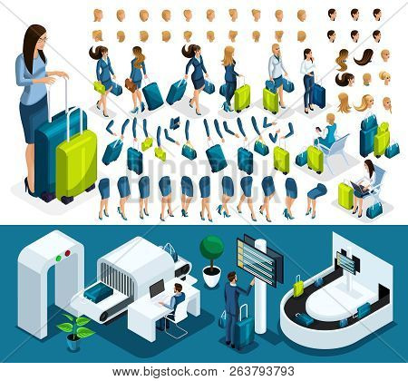 Isometric Set 1 Create Your Character, Business Lady At The Airport. Set Of Gestures Of Hands, Feet,