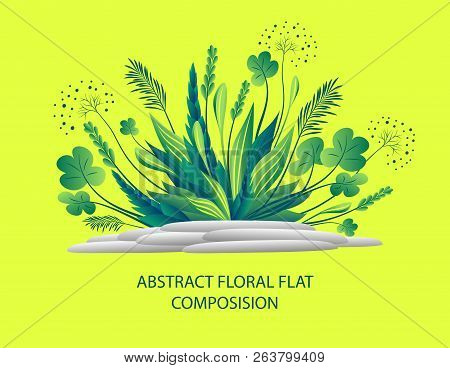 Abstract Floral Flat Composition With Plant And Stones In Green Colors Or  Ikebana  For Greeting  Ca