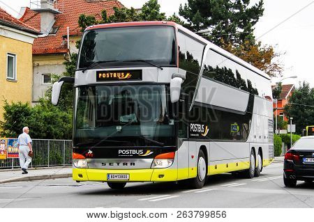 Innsbruck, Austria - July 29, 2014: Intercity Coach Bus Setra S431dt In The City Street.