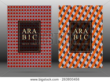 Ottoman Pattern Vector Cover Page Layout Design Set In Arabic Style Mosaic In Gold Grid. Islamic Bac