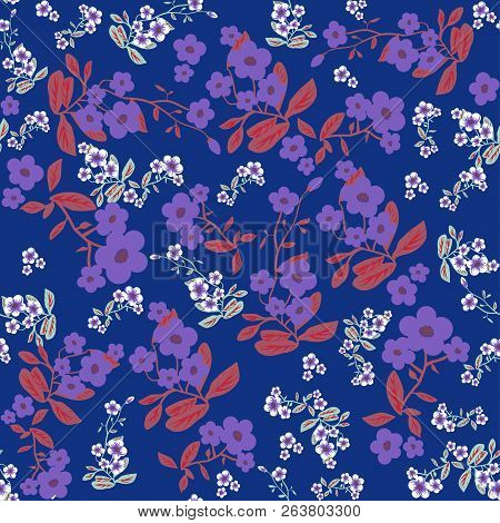 Vector Folk Background For Prints, Wrapping, Texlile Blue Flowers Seamless Pattern.