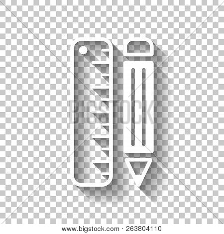 Simple Symbol Of Ruler And Pencil. White Icon With Shadow On Tra
