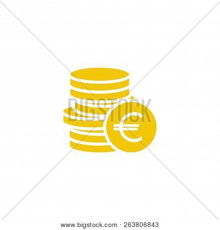 Stack Of Euro Coins With Coin In Front Of It. Flat Yellow Gold Icon. Isolated On White.
