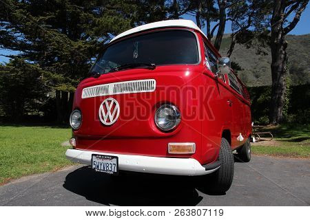 Big Sur, United States - April 7, 2014: Vw Transporter T2 Parked In Big Sur, California. The Famous 