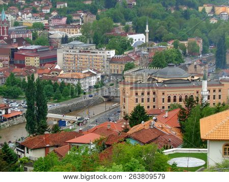 Impressive Aerial View Of Sarajevo From The Yellow Fortress Or Jekovac Fortress In Sarajevo, Balkans