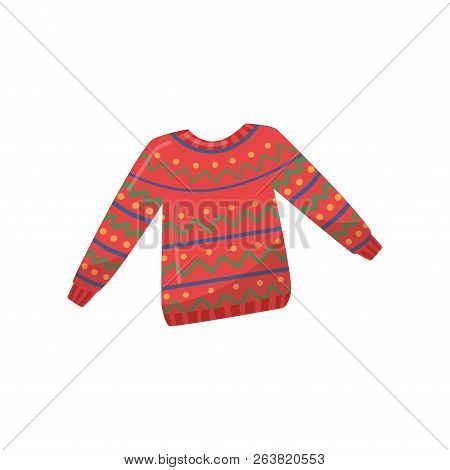 Knitted Woolen Sweater. Red Pullover With Colorful Pattern. Warm Clothing For Winter Season. Flat Ve