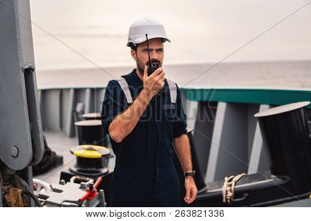 Marine Deck Officer Or Chief Mate On Deck Of Vessel Or Ship