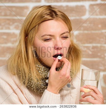 Girl Feels Ill Suffer Fever And Take Medicine. Pills For Breaking Fever. Take Medications To Reduce 