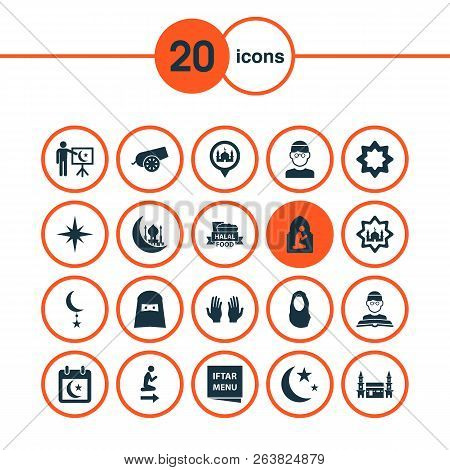 Ramadan Icons Set With Calendar, Man, Qiblah And Other Praying Elements. Isolated  Illustration Rama