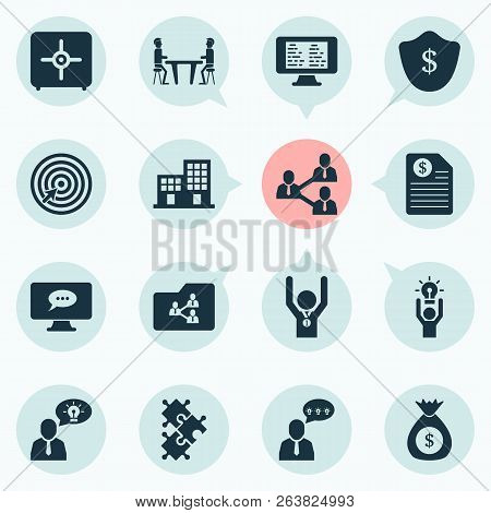 Teamwork Icons Set With Shared Folder, Online Task Chat, Money Sack And Other Blog Elements. Isolate