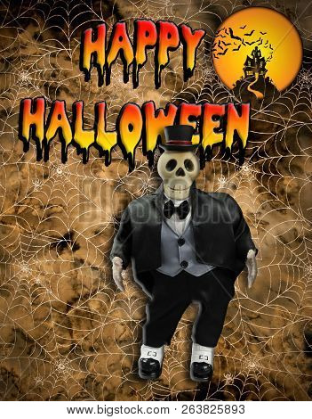 Happy Halloween Skeleton Butler With A Top Hat, Bow Tie And Back Tux. With A Web Back Ground