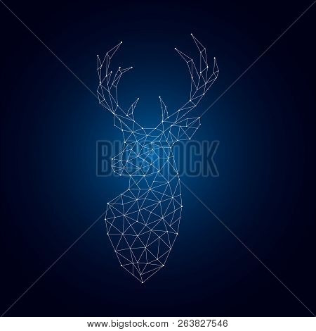 Bright Polygonal Deer Silhouette On Dark Blue Background. Geometric Reindeer Emblem. Vector Illustra