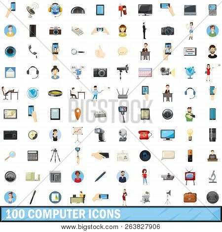 100 Computer Icons Set In Cartoon Style For Any Design Illustration