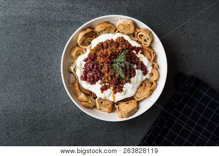 Turkish Manti With Yogurt, Minced Meat And Fried Butter Sauce From Artvin Called Silor / Siron / Zir