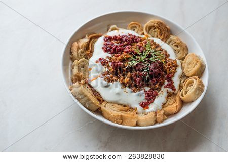 Turkish Manti With Yogurt, Minced Meat And Fried Butter Sauce From Artvin Called Silor / Siron / Zir