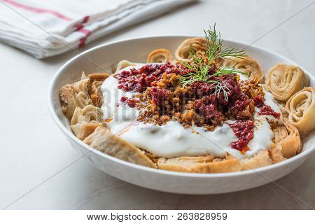 Turkish Manti With Yogurt, Minced Meat And Fried Butter Sauce From Artvin Called Silor / Siron / Zir