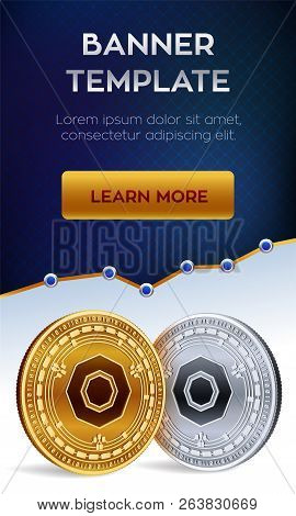 Cryptocurrency Editable Banner Template. Komodo. 3d Isometric Physical Bit Coin. Golden And Silver K