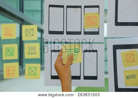 User Experience, Ux Designer Designing Web On Smart Phone Tablet Layout. Ui Planning Mobile Applicat