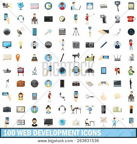 100 Web Development Icons Set In Cartoon Style For Any Design Illustration
