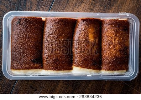 Turkish Traditional Desert Kazandibi / Milk Pudding. Organic Food In Plastic Box / Package