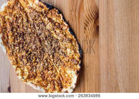 Cevizli Lahmacun Or Turkish Pizza With Walnut. Copy Space