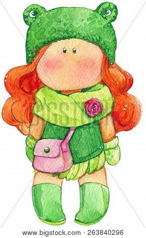 Watercolor Illustration: A Doll Of A Tilda With Pink Hair In Green Clothes And A Hat.