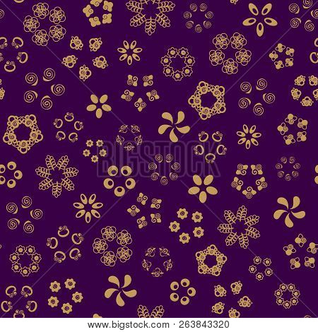 Violet Seamless Pattern With Gold Flowers. Vector Illustration.