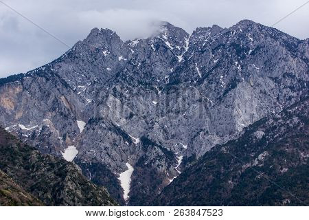 Landscape Of Mount Athos In Autonomous Monastic State Of The Holy Mountain, Chalkidiki, Greece