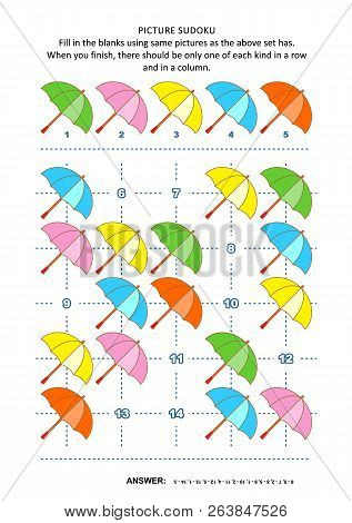 Picture Sudoku Puzzle 5x5 (one Block) With Colorful Umbrellas. Answer Included.