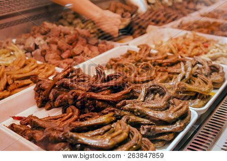 Chengdu Marinated Spicy Street Food Stall Selling Meat, Vegetables And Inner Animal Parts. Pick And 