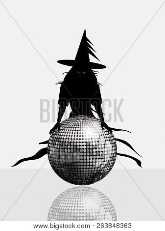 Withe Halloween Background With Spooky Witch Black Silhouette With Red Eyes Holding A Silver Disco B