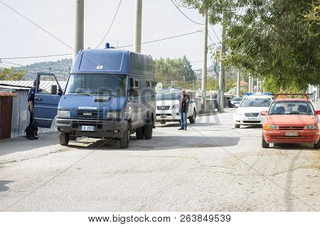 Athens, Acharnes, Stratopaido Kapota/ Greece - October 18 2018: Police Special Forces Walk Back View