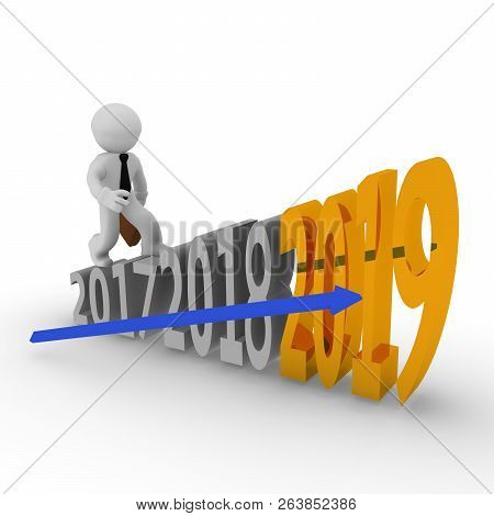 Small Businessman On Upswing Stairs With A Golden 2019, 3d Rendering
