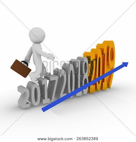 Small Businessman On Upswing Stairs With A Golden 2019, 3d Rendering