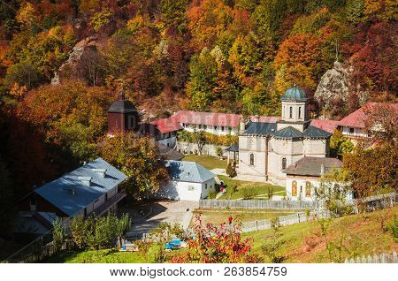 Stanisoara Monastery In Cozia National Park. Autumn In Cozia, Carpathian Mountains, Romania.