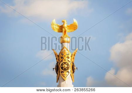 Astana, Kazakhstan. October 11, 2018. Top Of The Column Of The Kazakh Eli Monument At The Independen