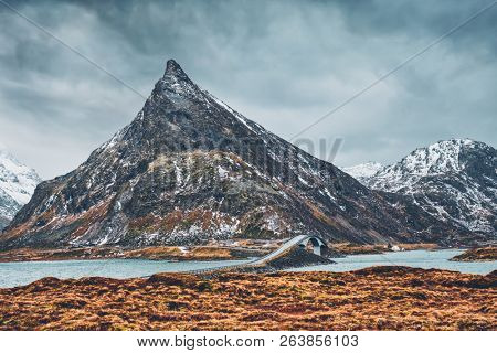Fredvang Bridges in winter. Lofoten islands, Norway