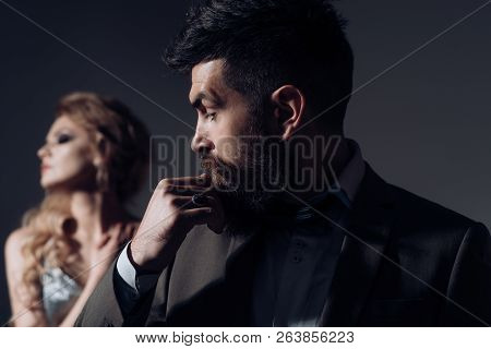 Love Is A Tender Look. Bearded Man And Sexy Woman On First Date. Happy Valentines Day. Couple Of Man
